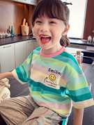 韩国女童T恤夏装2024儿童洋气撞色条纹纯棉短袖上衣儿童T恤潮