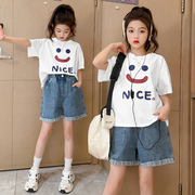 女童夏季套装韩版中大童短袖牛仔裤洋气两件套小女孩百搭短裤半袖