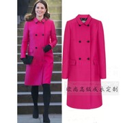高级定制凯特王妃，同款双排扣玫红色羊毛大衣，外套女中长款直筒秋冬