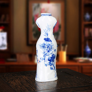 定制陶瓷花瓶工艺品摆件景德镇陶瓷创意青花瓷人物花瓶民族风旗袍