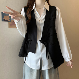 大码时尚套装女秋季新中式国风设计盘扣背心，马甲+长袖衬衣两件套