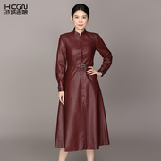 2023绵羊皮革中国风气质时尚，设计感收腰显瘦女士皮衣连衣裙