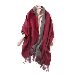 冬季酒红灰色双面双色纯羊毛披肩围巾两用加厚保暖羔羊绒围巾女