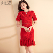 红色蕾丝连衣裙女夏季2023收腰显瘦气质减龄小香风中长款裙子