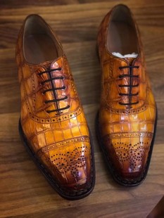 意大利擦色鳄鱼皮皮鞋，高端大气挪威缝，布洛克雕花固特异纯手工男鞋