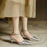 法式高级感包头凉鞋女鞋子，2023夏季细跟尖头，真皮浅口银色单鞋