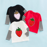 儿童亮片可变图案衣服女童打底衫宝宝草莓假两件长袖T恤2022秋装