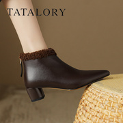 TATA LORY女靴2023尖头粗跟小短靴百搭复古气质时尚短筒靴秋冬季
