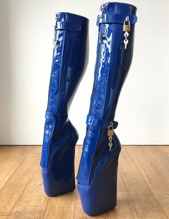 欧美蓝色漆皮可锁拉链侧皮带芭蕾包跟靴超高跟芭蕾女靴 BLZB90XL