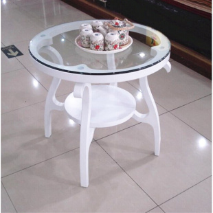 简约欧式时尚白色烤漆小茶几阳台卧室，玻璃圆形双层实木接待小圆桌