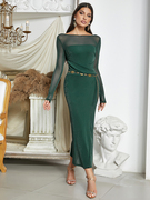 欧美墨绿色性感透视亮丝长袖长裙，礼服+内衬，抹胸裙腰链点缀两件套