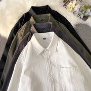 美式重磅长袖衬衫男秋季宽松高级感纯棉，寸衫纯色白色翻领衬衣外套