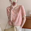 粉红色针织圆领短袖T恤女2024夏季洋气减龄独特别致小衫上衣