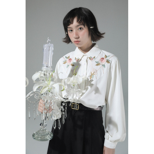 杨二大梦vintage法式少女，白色刺绣复古长袖衬衫，薄款秋装小众上衣