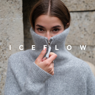 ICEFLOW  白色兔绒翻领毛衣女2024秋冬灰色高领羊毛针织开衫外套