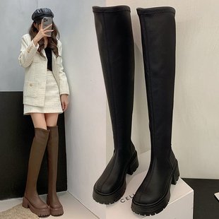 过膝长靴女骑士靴后拉链靴，子方跟高筒，2023年韩版圆头防水软皮长靴