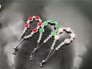 四海玉器镶嵌绿玉髓手链，女款浅粉色玛瑙，手链可伸缩手串