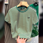 绿色横条纹短袖T恤男2024年纯棉刺绣体恤时尚潮牌ins潮流上衣