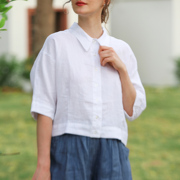 纯亚麻衬衫女夏季短袖，法式白色棉麻上衣百搭防晒麻料衬衣高级透气