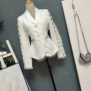 潮牌高货镂空蕾丝花边，长袖西装短上衣，设计感白色外套0322