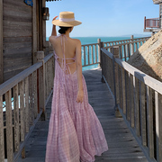 三亚海边度假风沙滩，裙性感露背淡紫色雪纺，大摆仙气长裙拍照女神