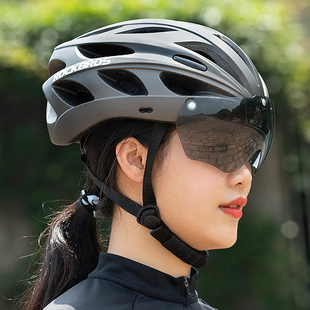 洛克兄弟自行车头盔带风镜，一体成型骑行头盔，男女山地公路车安全帽