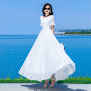 白色连衣裙女长款2023夏季雪纺大摆长裙到脚踝，收腰显瘦沙滩裙
