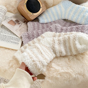24珊瑚绒袜女秋冬季加绒加厚居家保暖地板袜可爱条纹特厚长袜
