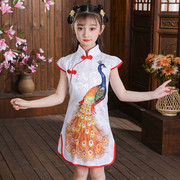 中国风孔雀旗袍裙童装夏季女童夏装连衣裙儿童夏裙洋气公主裙