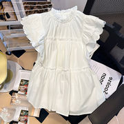 法式设计感飞飞袖白色衬衫裙子女夏季气质宽松收腰娃娃衫上衣