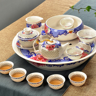高档青花瓷蜂窝玲珑茶具 套装镂空喝茶整套陶瓷功夫茶具实木茶盘