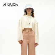 K KRIZIA2023春季米白色短箱型镂空短款卫衣拼接设计感