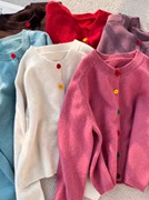 韩系减龄彩虹单排扣圆领宽松针织开衫早春慵懒风小众粉色毛衣