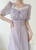 夏季短袖雪纺紫色连衣裙高腰，宫廷风少女，蕾丝法式温柔香芋中长裙潮
