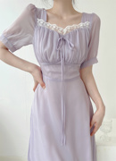 夏季短袖雪纺紫色连衣裙高腰，宫廷风少女蕾丝，法式温柔香芋中长裙潮
