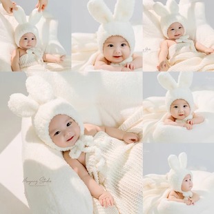 宝宝拍照道具婴儿兔耳朵帽子秋冬毛线，手工编织保暖帽百天照服装