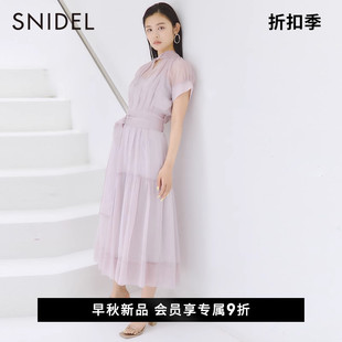 SNIDEL2023春夏法式系带收腰短袖雪纺公主连衣裙SWFO232059