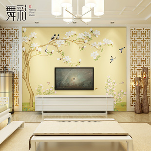 定制现代新中式客厅卧室电视背景墙壁纸无纺布墙纸温馨花鸟墙布