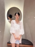 香港self-portrait超仙女白色雪纺蕾丝灯笼袖V领抽绳连衣裙sp