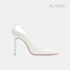 HLTINO2024年春季白色侧空尖头高跟鞋女细跟法式少女漆皮单鞋