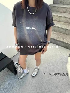 2024春季版卓娃ZW潮流字母以后宽松大版中长款圆领短袖T恤女