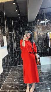 欧洲站橘红色2023宽松蝙蝠袖大码休闲潮时尚女长款连衣裙长裙子