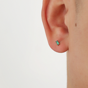 yijian925纯银镶钻长方形，绿色简约ins风，耳钉男轻奢女耳饰耳环