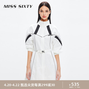 misssixty2023秋季长袖连衣裙女半高领配腰带，拼色运动风潮