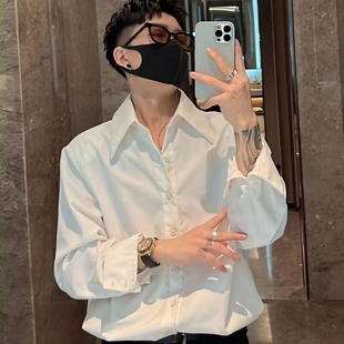 高级感领带垫肩衬衫，男垂坠感小众，设计感韩版宽松法式白色长袖衬衣