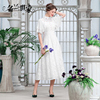 名兰世家原创手工品牌春白色蕾丝雪纺时尚披肩袖半高领连衣裙