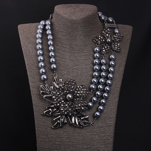 欧美夸张项链亚克力灰珍珠，多层花朵吊坠锁骨，链女民族风装饰品配饰