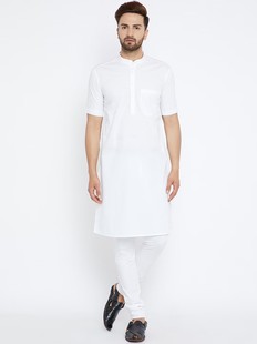 印度进口服饰男装上衣库尔塔民族风服饰纯棉白色中长款短袖