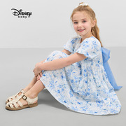 可拆卸大蝴蝶结迪士尼女童印花短袖连衣裙夏儿童波西米亚裙子