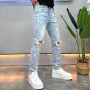 高端水洗破洞牛仔裤男修身小直筒2024夏季新款时尚弹力小脚乞丐裤
